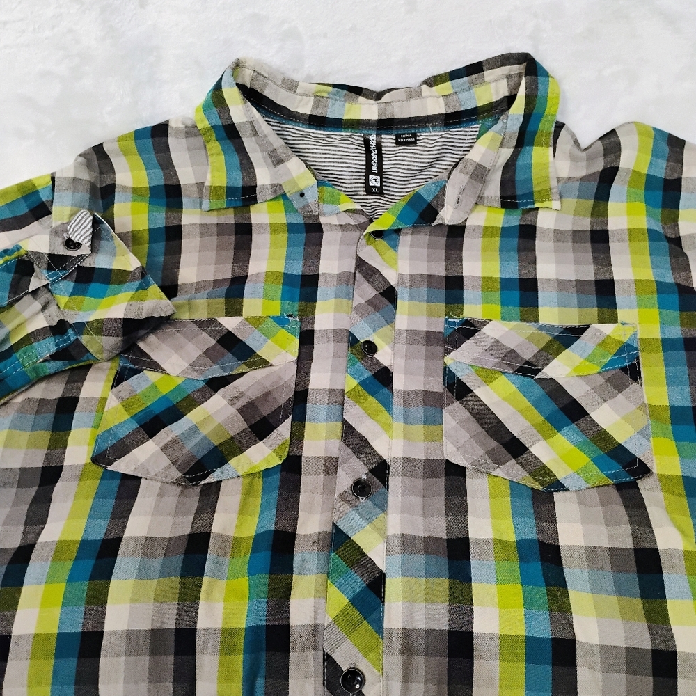 Ocean Current Plaid Long Sleeve Button Shirt Mens XL Skater Green‎ Black Blue P